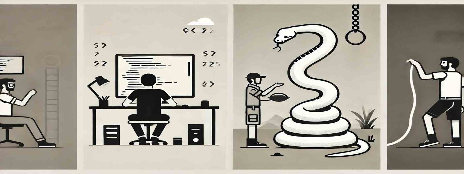 image of a software developer at his desk while a zookeeper feeding a python.