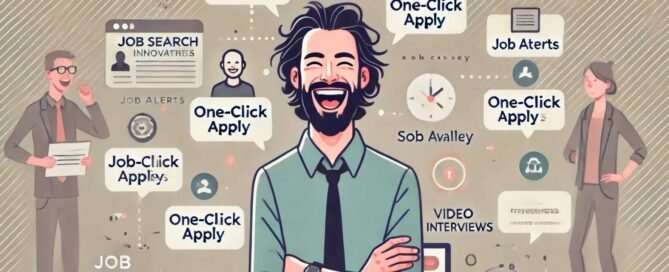 Humorous illustration of a casually dressed tech professional laughing, surrounded by icons and labels representing various online job search features like 'One-Click Apply,' 'Job Alerts,' and 'Video Interviews,' with a lighthearted and professional tone.